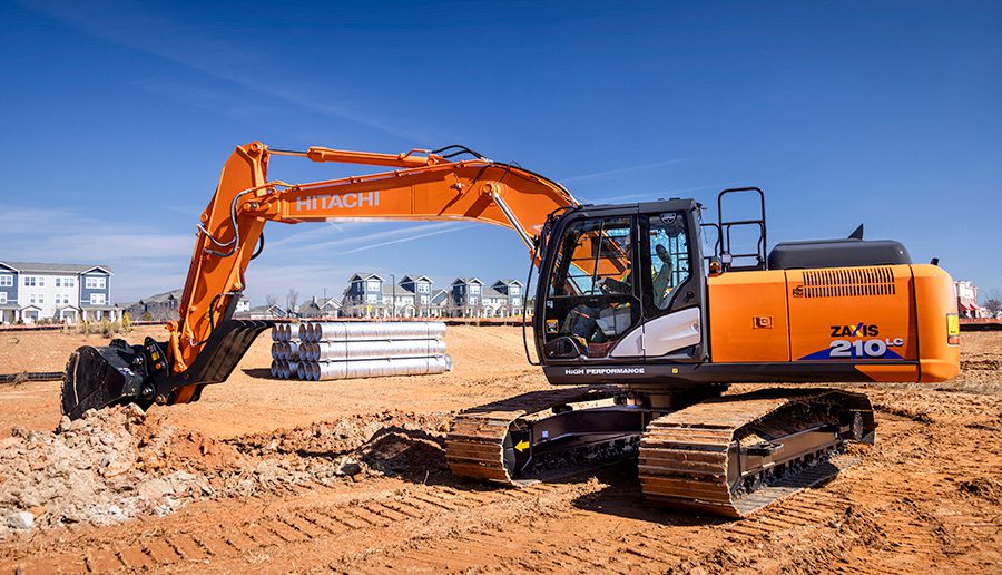 Hitachi utility excavator on a construction site.