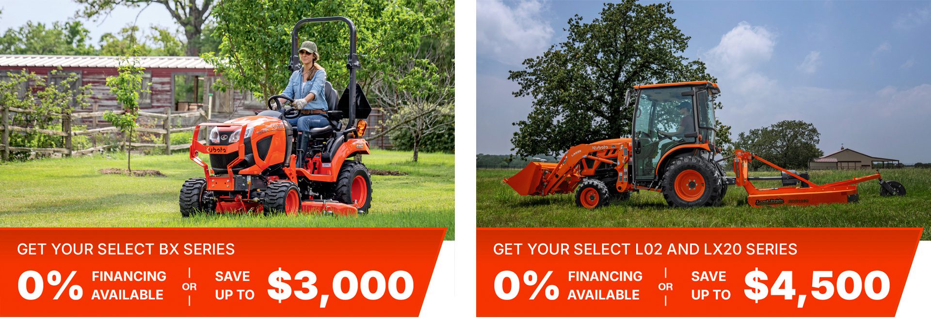 Kubota BX, L02 and LX20 Series tractor in pastoral fields, each promising a special offer in white text on orange backgrounds.